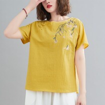 Short-sleeved cotton and linen t-shirt womens 2021 spring and summer new loose casual retro literary large size embroidered flower round neck top