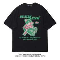 AWE GOD Guochao cartoon bear print short-sleeved T-shirt men and women summer new couple loose casual tops