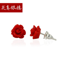 Red rose 999 sterling silver stud earrings female temperament earrings Korean version of simple and wild winter earrings earrings