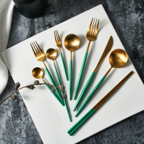 Knife and fork spoon stainless steak hotel tableware suit golden Western meal Portuguese mint green handle 304