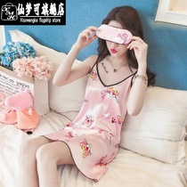 Pajamas female summer Korean fresh students short sleeve Ice Silk suspender nightgown thin sexy silk home clothing chest pad