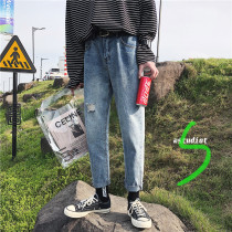  Autumn Korean version of ripped jeans mens trend brand trend slim-fitting small feet raw edge nine-point pants wild 9-point beggar pants