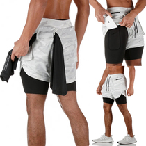 Summer breathable double-layer shorts multi-pocket fitness pants sports five-point pants Marathon running training sports pants white