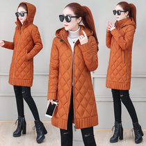 Down cotton-padded womens long coat 2021 Winter New hooded light and thin plaid cotton-padded jacket Korean version