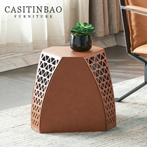 Saddle leather low stool hard leather side table sofa hollow designer modern simple creative fashion side stool stool