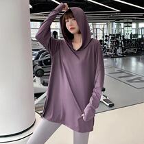 Pregnant womens yoga clothes top womens sports quick-drying T-shirt womens loose long-sleeved womens spring hooded hooded training fitness clothes