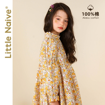 LittleNaive little innocent girl floral dress long sleeve skirt autumn children bubble sleeve floral skirt