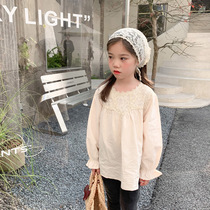 Girls doll shirt 2021 spring models of small children Korean rice apricot color lace stitching shirt shirt top