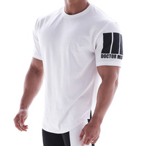 Muscle mens summer stretch slim-fit short-sleeved gym roll iron round neck T-shirt Running training suit Sports top