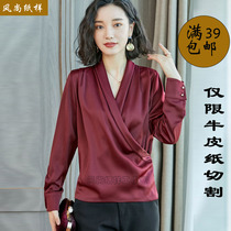 G44 clothing pattern chiffon shirt long sleeve female 2019 new satin shirt cross V collar top cutting layout