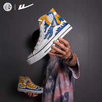 Return high top explosive change hand painted shoes Mens and womens shoes Whale department Crane wave Ukiyo-e graffiti student movement tide shoes