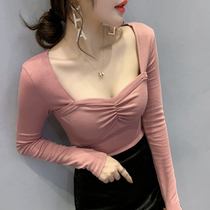 Sexy Square Collar Undershirt Woman Autumn Winter with a tight long sleeve T-shirt design Sensation Ocean Air Collarbone Short blouses