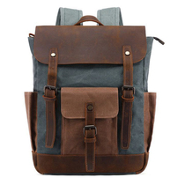 Qiguxi men's bag English wind college schoolbag anti-fouling oil wax canvas with leather backpack travel bag women's backpack