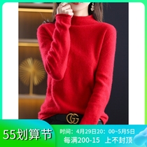 Red sheep sweatshirt woman 100 pure wool semi-high collar autumn winter 21 new knit inner lap cashmere sweaters women