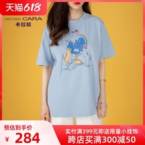 HIKOSEN CARA kara cat spring summer short sleeve blouse blouses woman T-shirt Korea-Japan workout cartoon cute pure cotton 100 lap