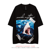 GUMUDUN dark black shark ins American retro short sleeve t-shirt male and female summer trend easing lovers half sleeve tide