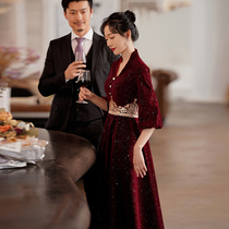 Velvet toast 2021 New temperament wine red bridal wedding long sleeve slim back engagement dress winter