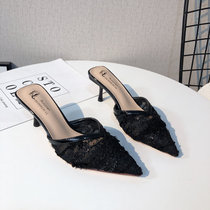 Lace Mesh Veil bread Head Half slipper Female outside wearing 2022 Summer new name Yuanyuan Fan pointed thin heel high heel sandals