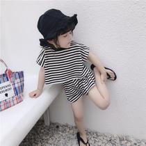 Girl Trendy Suit Foreign Air Summer New Kids Casual Striped Short Sleeve Shorts Two Sets of 3 Childrens clothes