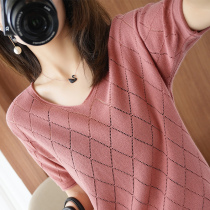 v - collar hollow diamond short sleeve 2022 new loose thin knitted half - sleeve cotton line to bottom the coat