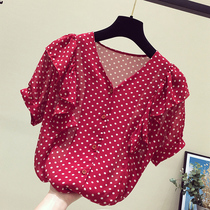 South Korean Wave Point V Collar Snowy Jersey Womens Summer New Loose Short Sleeve Shirt Fashion Lotus Leaf Side Short blouses