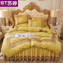  European-style plus velvet lace bed skirt net red thickened crystal velvet winter non-slip warm dust cover bed cover three or four-piece set