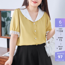 MSShe big code womens dress 2022 new summer clothing style blouse green fruit collar bubble sleeves short snow-spinning shirt