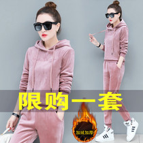 Golden velvet casual set women autumn and winter 2021 New plus velvet padded hoodie women sports two-piece set