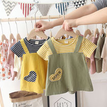 Two irregular childrens cotton short sleeve stripes in summer skirt for girls summer dress