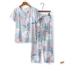 Middle-aged and elderly cotton silk suit women's summer mother's pajamas two-piece set elderly people's short sleeve silk home clothing grandmother's clothing