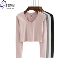 Spring and Autumn new cotton V collar slim short long sleeve body shirt top base shirt Womens solid color Korean version of T-shirt