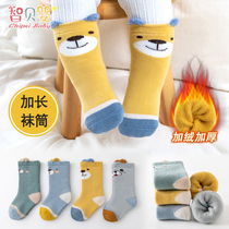 Newborn baby socks autumn and winter pure cotton plus velvet thickened warm long tube men and women babies children children middle tube 1 year old 0