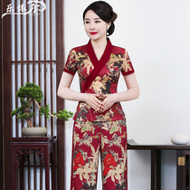 Summer short-sleeved modified Cheongsam Han Suit Short silk Tang dress Two-piece set Daily mother dress Wedding dress