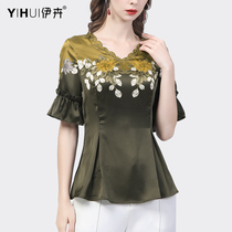 Satin embroidered shirt woman 2022 Summer new collection waist display slim blouse v collar fashion chic short sleeve temperament