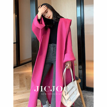 Rose red coat women 2021 new double-sided cashmere wool hooded over the knee loose medium long woolen coat