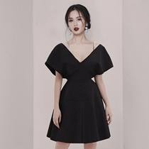 Thai Tide brand Celebrity little black dress sexy V-neck strapless pearl suspenders black high waist skirt dress