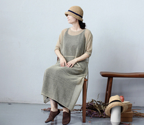 One old original autumn Japanese imported yarn raw hemp color linen hollow simple drawstring dress 1223