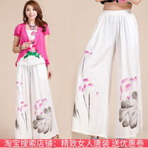 Summer ethnic style hand-painted Lotus casual wide leg trousers cotton hemp elastic waist Tang suit pants loose bloomers