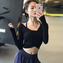 Fitness girl sexy navel short yoga top elastic skinny running sport long sleeve quick dry T-shirt