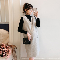 Pregnant women set autumn knitted sweater fashion model 2021 New Korean hipster woolen dress two-piece