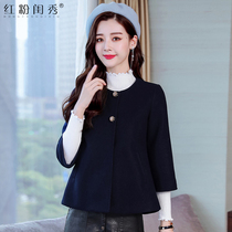 Woolen coat women 2020 autumn and winter New Fashion simple slim slim Joker round neck nine-point sleeve short coat