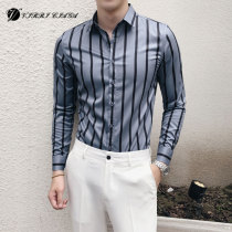 New vertical stripe slim fashion long sleeve shirt men Korean shirt young handsome British non-iron inch men