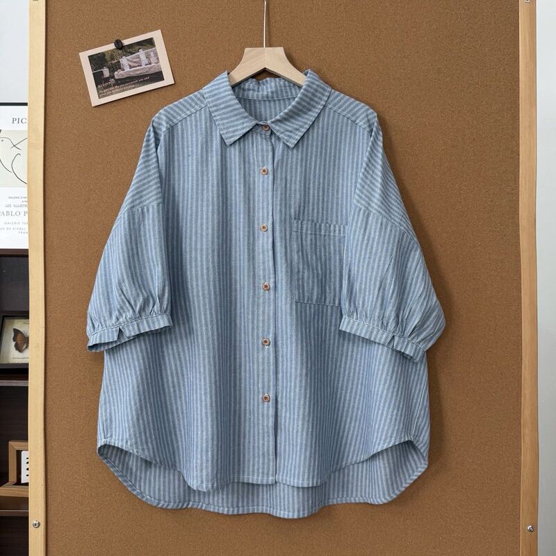 Furinannan丨【Turtle Neck Pleated】Striped Short-Sleeve Shirt for Women, Loose Fit, Casual Korean and Japanese Style Summer Top