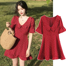 Plus size mm2021 summer dress new red chiffon floral dress slightly fat and thin womens French long skirt