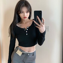 Vanya black blouse shirt spring and autumn half - open and heavy - sleeved T - shirt on the clothes