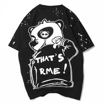 Hong Kong Tide Brand Street Hip Hop Spray Point Panda Alphabet Printing Short Sleeve Male Large Size Loose Cotton T-shirt Top Women