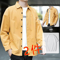 Long-sleeved shirt mens spring and autumn Korean version of the trend tooling shirt pure cotton summer thin jacket Mens summer fashion trend