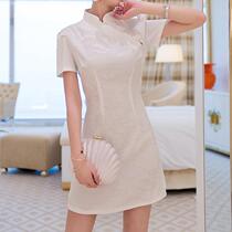 2019 spring summer new female stand collar short sleeve dress modified white art slim cheongsam 19216