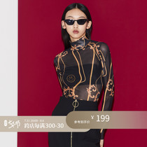 Z boss abstract printed semi-high collar bottom-shirt woman thin and soft perspective elegant temperament Breathable Long-sleeved T-shirt Woman