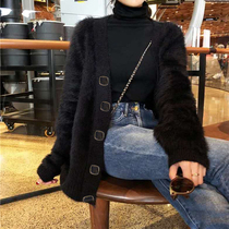 2020 autumn and winter new lazy loose wild wear black V-neck sweater medium long jacket knitted cardigan women